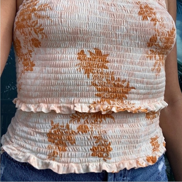 Free People Muted Neutral Smocked Floral Ruffle Tank Top XS - Picture 5 of 7